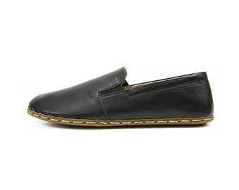 Men's Black Leather Barefoot Loafers: Handmade Turkish Yemeni Shoes