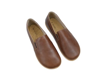 Men's Handmade Brown Leather Barefoot Loafers: Wide Toe Zero Drop Shoes