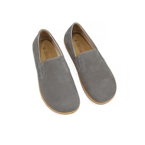 Men's Handmade Nubuck Gray Barefoot Slip-Ons - Turkish Yemeni Wide Toe Box Loafers - Organic Grounding Shoes - Zero Drop Sole Slip-Ons