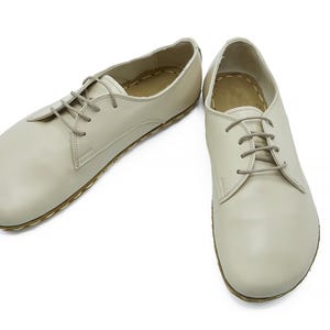 Men&#39;s Handmade Barefoot Oxford Cream Tie Shoes - Zero Drop Sole Tie Shoes - Genuine Leather Vintage Oxford Grounding Shoes