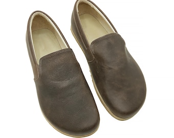 Men's Handmade Brown Leather Barefoot Loafers: Wide Toe Box, Zero Drop