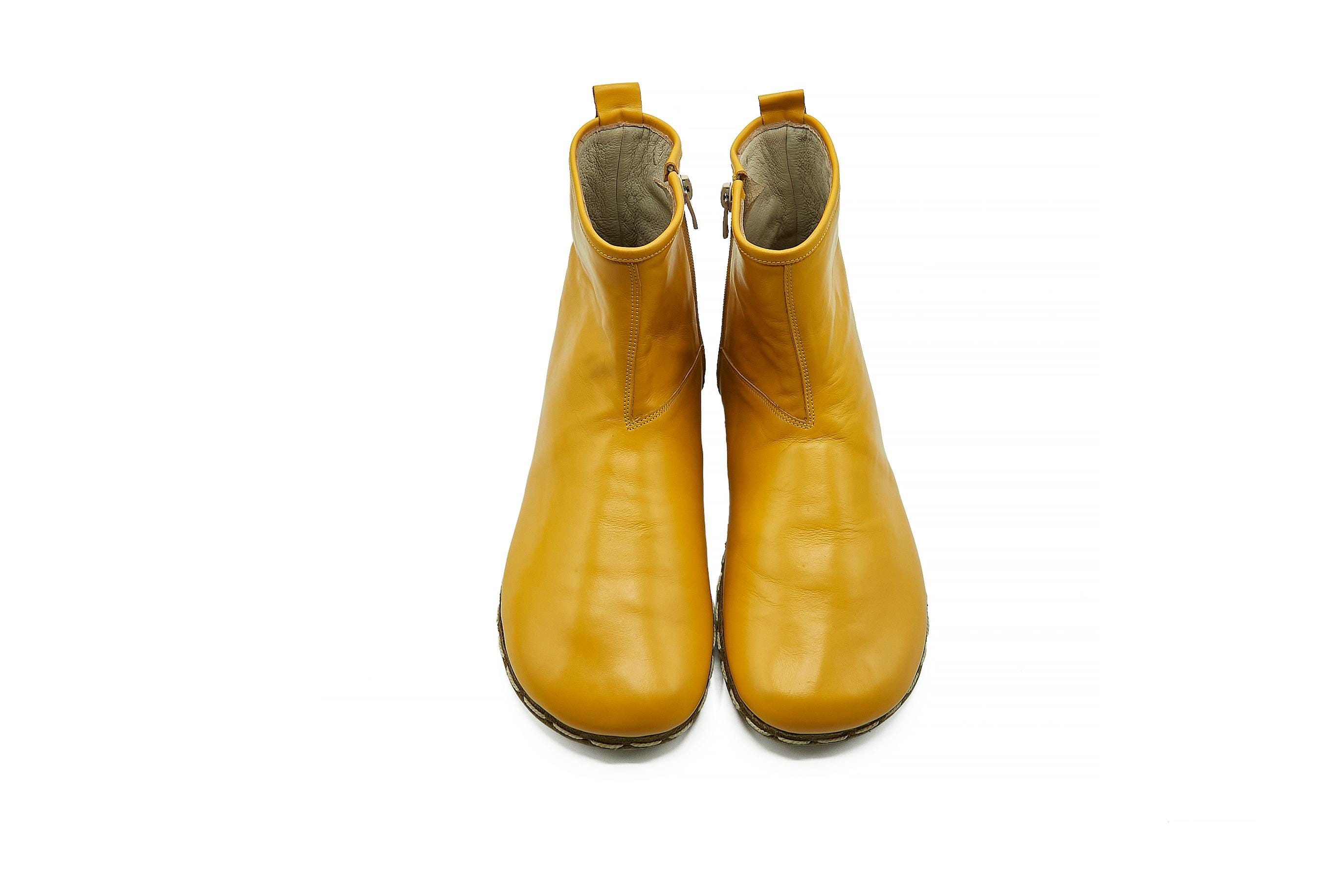 Women's Mustard Barefoot Handmade Ankle Boots With Zipper - Zero