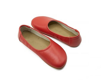Red Leather Barefoot Ballerinas: Handmade Zero Drop Ballet Flats