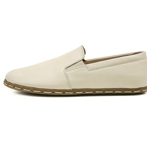 Women's Handmade Cream Barefoot Zero Drop Sole Slip-Ons - Organic Leather Earthing Shoes - Turkish Wide Toe Box Slip-Ons