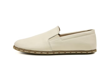 Damskie ręcznie robione kremowe buty Barefoot Zero Drop Sole Slip-Ons - ekologiczne skórzane buty Earthing - tureckie szerokie buty Toe Box Slip-Ons