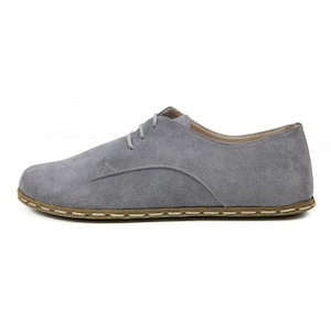Women&#39;s Barefoot Suede Gray Oxford Shoes - Wide Toe Box Rubber Sole Oxford Vintage Shoes - Zero Drop Sole Organic Leather Tie Shoes