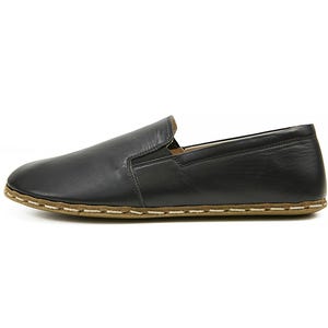 Women's Handmade Black Barefoot Zero Drop Sole Slip-Ons - Organic Leather Earthing Shoes - Turkish Wide Toe Box Slip-Ons