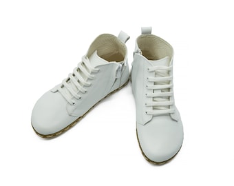 Handmade White Leather Barefoot Boots: Zero Drop Winter Shoes