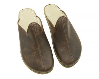 Handmade Brown Leather Barefoot Slippers - Wide Toe Box