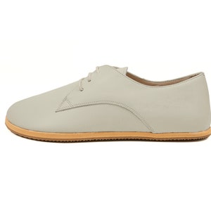Men&#39;s Handmade Barefoot Oxford Beige Tie Shoes - Zero Drop Sole Tie Shoes - Genuine Leather Vintage Oxford Grounding Shoes