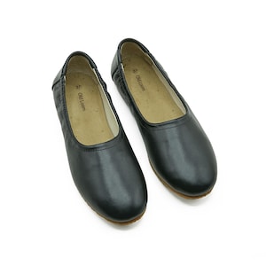 Women's Handmade Black Flat Ballet Shoes - Zero Drop Sole Ballerina Shoes -Genuine Leather Wide Toe Box Slip-Ons
