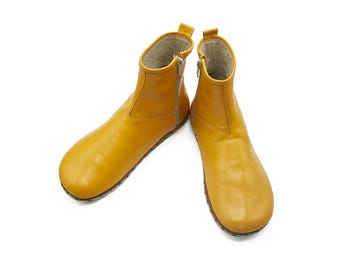 Women's Mustard Barefoot Handmade Ankle Boots With Zipper - Zero