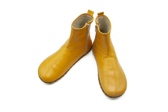 Women's Mustard Barefoot Handmade Ankle Boots With Zipper - Zero