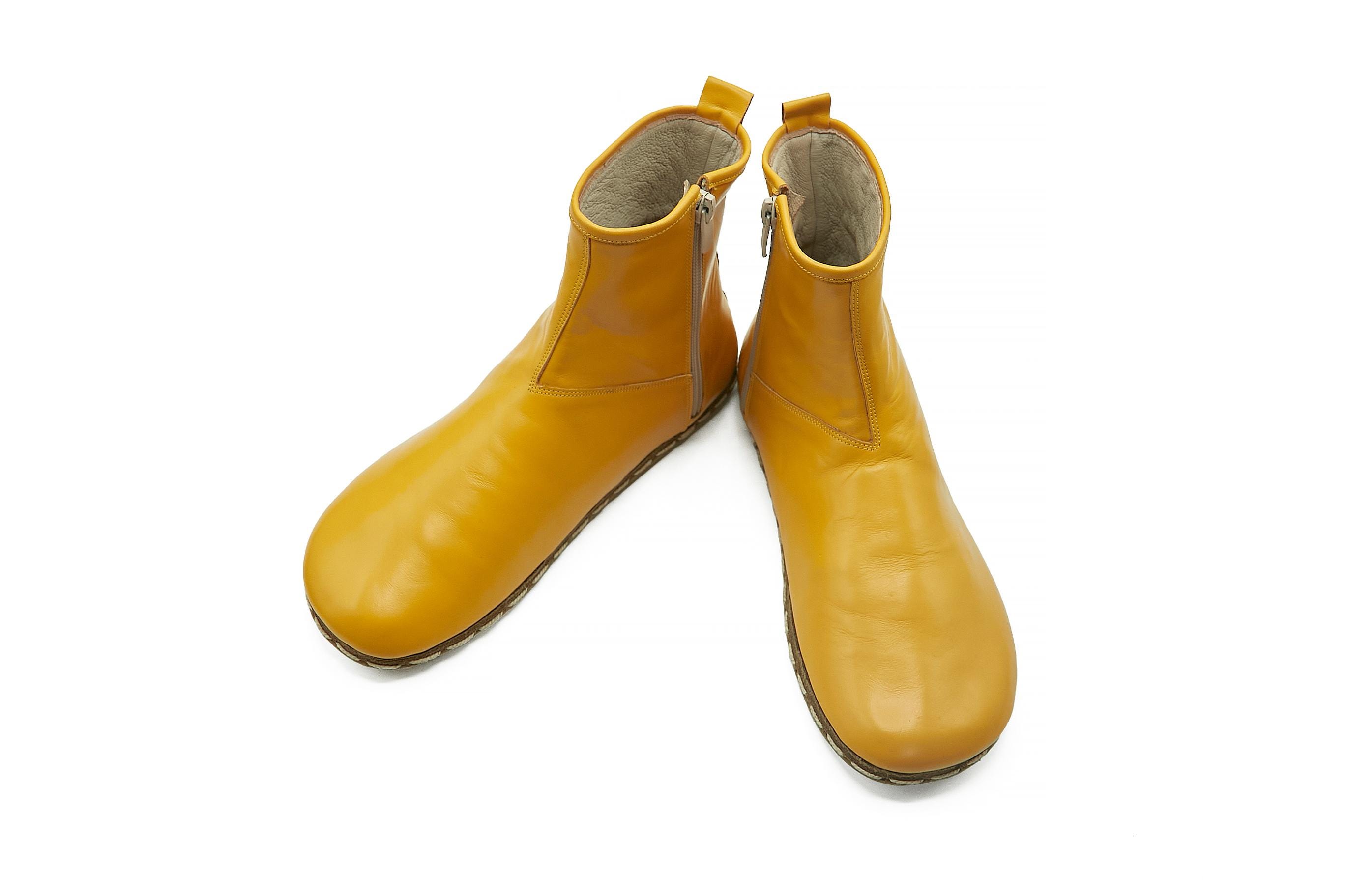 靴 YELLO BAISEN SHORT BOOTS Women's Mustard Barefoot Handmade Ankle Boots With Zipper - Zero