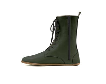 Herren Barfußstiefel | Handgefertigte Langarm Grüne Stiefel | Ledersohlen Bio Winterstiefel | Zero Drop Sole Breit Zeh Zip Tie Boots