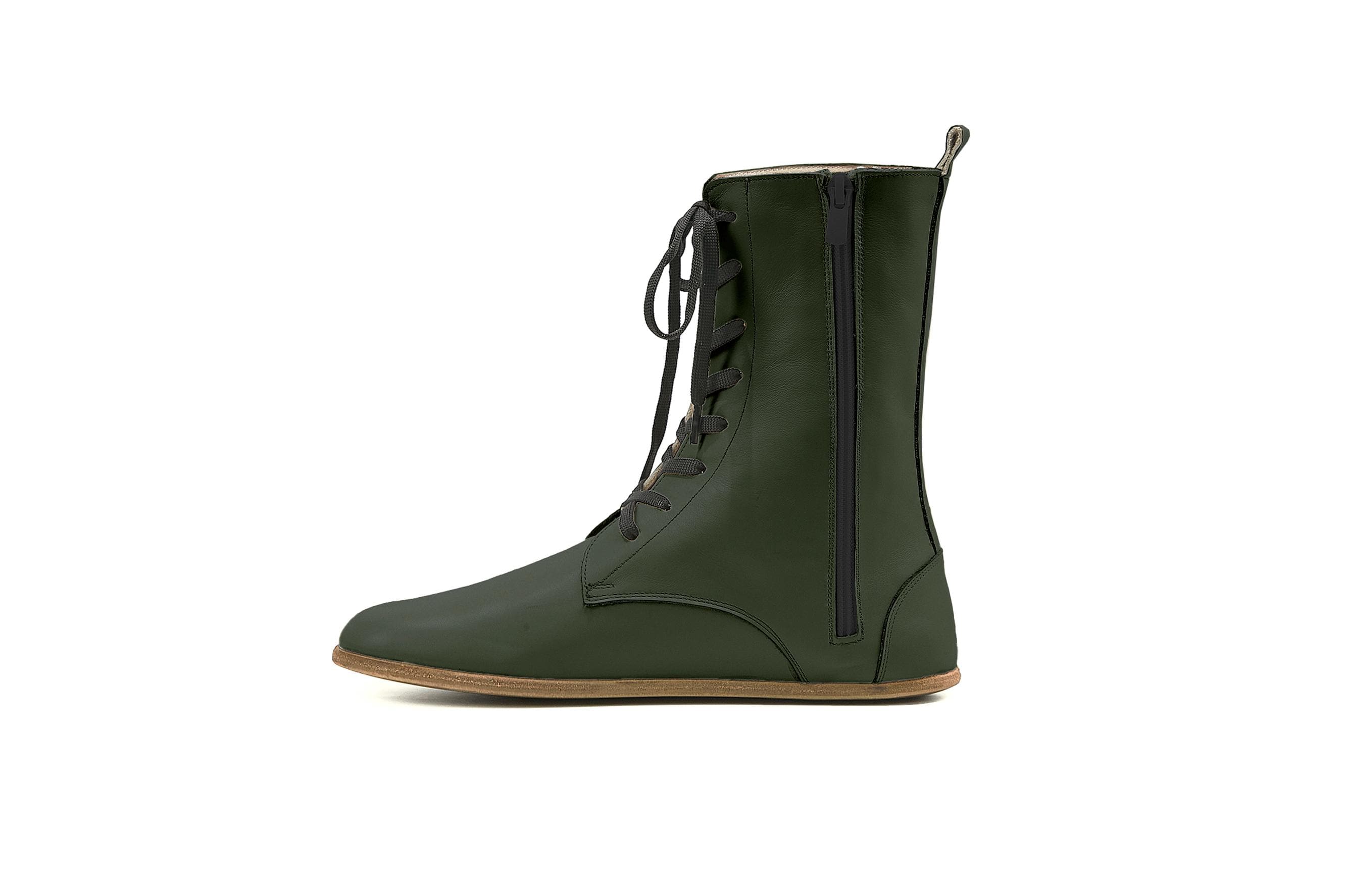 Men Barefoot Boots | Handmade Long Sleeve Green Boots | Leather Soled Organic Winter Boots | Zero Drop Sole Wide Toe Zip Tie Boots