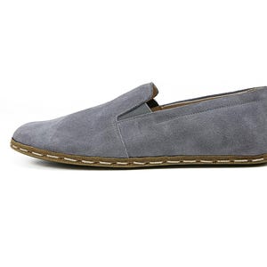 Men's Handmade Suede Gray Barefoot Slip-Ons - Turkish Yemeni Wide Toe Box Loafers - Organic Grounding Shoes - Zero Drop Sole Slip-Ons