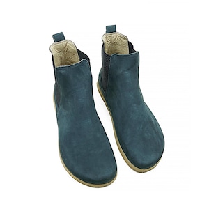 Handgemaakte jeansblauwe chelseaboots dames - korte laarzen zonder lage zool - echt leren enkellaarzen met brede neus