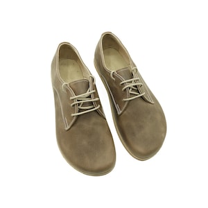 Men&#39;s Handmade Barefoot Mink Gray Tie Shoes - Zero Drop Sole Tie Shoes - Genuine Leather Vintage Oxford Grounding Shoes