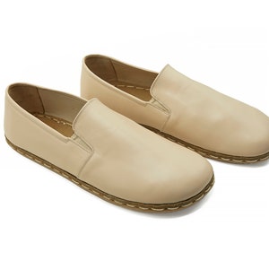 Women's Handmade Beige Barefoot Zero Drop Sole Slip-Ons - Organic Leather Earthing Shoes - Turkish Wide Toe Box Slip-Ons