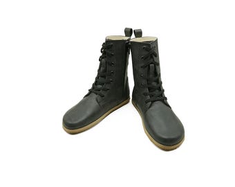 Handmade Barefoot Long Sleeve Black Boots - Rubber Soled Organic Winter Boots - Zero Drop Sole Wide Toe Zip Tie Boots