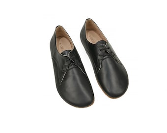 Women's Barefoot Black Oxford Shoes - Handmade Leather Tie Shoes - Zero Drop Sole Shoes