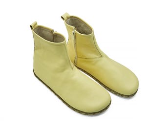 Women's Lemon Barefoot Handmade Ankle Boots With Zipper - Zero Drop Sole Ankle Boots - Wide Toe Box Booties - Leather Comfy Short Boots