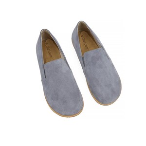 Women's Handmade Suede Gray Barefoot Zero Drop Sole Slip-Ons - Organic Leather Earthing Shoes - Turkish Wide Toe Box Slip-Ons