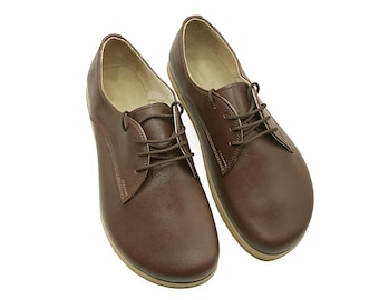 Women's Brown Leather Barefoot Oxford Shoes - Wide Toe, Zero Drop