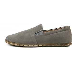 Women's Handmade Nubuck Gray Barefoot Zero Drop Sole Slip-Ons - Organic Leather Earthing Shoes - Turkish Wide Toe Box Slip-Ons