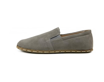 Damskie ręcznie robione nubukowe szare bose buty typu barefoot z zerowym spadkiem - buty Earthing Shoes ze skóry ekologicznej - tureckie buty typu slip-on z szerokim noskiem