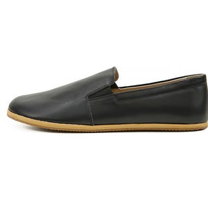 Women's Handmade Black Barefoot Zero Drop Sole Slip-Ons - Organic Leather Earthing Shoes - Turkish Wide Toe Box Slip-Ons