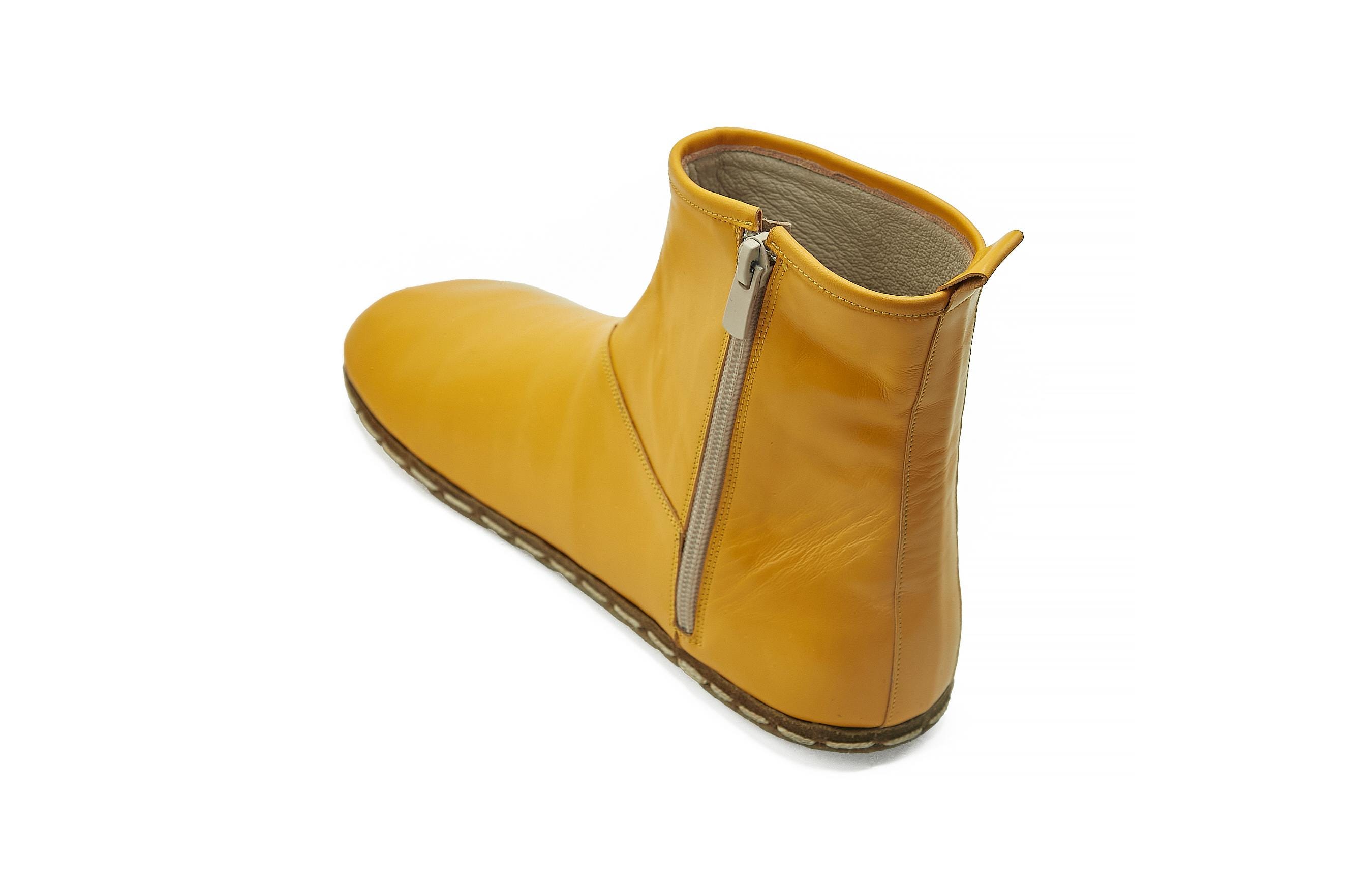 Women's Mustard Barefoot Handmade Ankle Boots With Zipper - Zero
