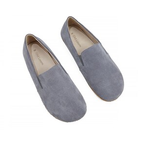Men's Handmade Suede Gray Barefoot Slip-Ons - Turkish Yemeni Wide Toe Box Loafers - Organic Grounding Shoes - Zero Drop Sole Slip-Ons
