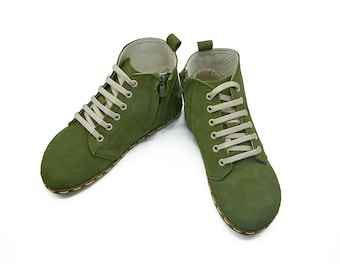 Handmade Green Leather Barefoot Boots: Zero Drop Winter Shoes