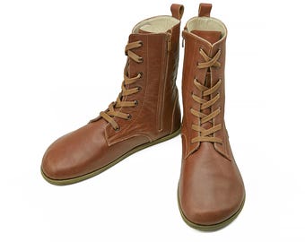 Handmade Barefoot Long Sleeve Tan Colour Boots - Leather Soled Organic Winter Boots - Zero Drop Sole Wide Toe Zip Tie Boots