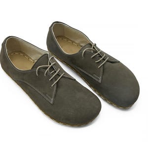 Men&#39;s Handmade Barefoot Oxford Nubuck Gray Tie Shoes - Zero Drop Sole Tie Shoes - Genuine Leather Vintage Oxford Grounding Shoes