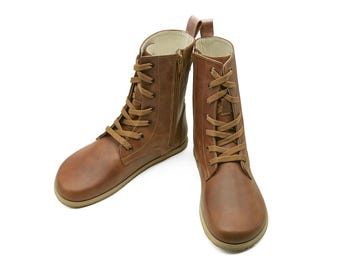 Herren Barfußstiefel | Handgefertigte Langarm Tan Farbe Stiefel | Ledersohlen Bio Winterstiefel | Zero Drop Sole Breit Zeh Zip Tie Boots