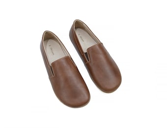 Men's Handmade Brown Barefoot Slip-Ons - Turkish Yemeni Wide Toe Box Loafers - Organic Grounding Shoes - Zero Drop Sole Slip-Ons