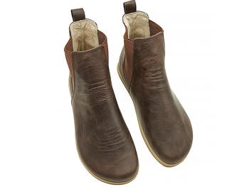 Men&#39;s Brown Barefoot Handmade Chelsea Boots - Zero Drop Sole Ankle Boots - Wide Toe Box Booties - Genuine Leather Comfy Chelsea Boots