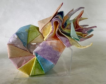 Rainbow Origami Nautilus Sculpture: Handmade Paper Art