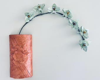 3-dimensional Origami Orchid and Vase Wall Hanging - Right-Leaning, Bronze and Green.