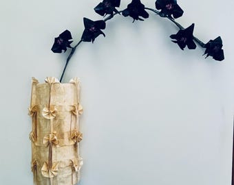 3-dimensional Origami Orchid and Vase Wall Hanging - Right-Leaning, Gold and Black