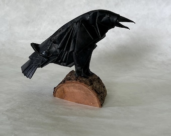 Origami Crow Sculpture: Water-Resistant Paper on Ohia Wood
