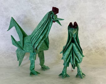 Origami Chicken Pair: Hand-Dyed Water Resistant Paper Art