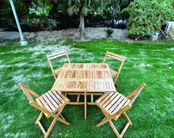 Pine Wood Folding Table Set: Study, Picnic, Garden & Terrace with 4 Easy Carry Chairs