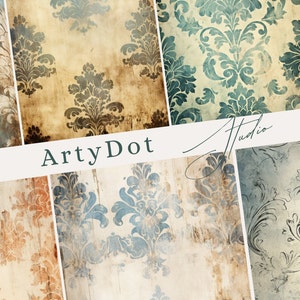 May include: A collection of digital papers featuring vintage damask patterns in various colors. The designs include shades of blue, brown, and cream, with distressed textures. The text "ArtyDot" is visible in the image.