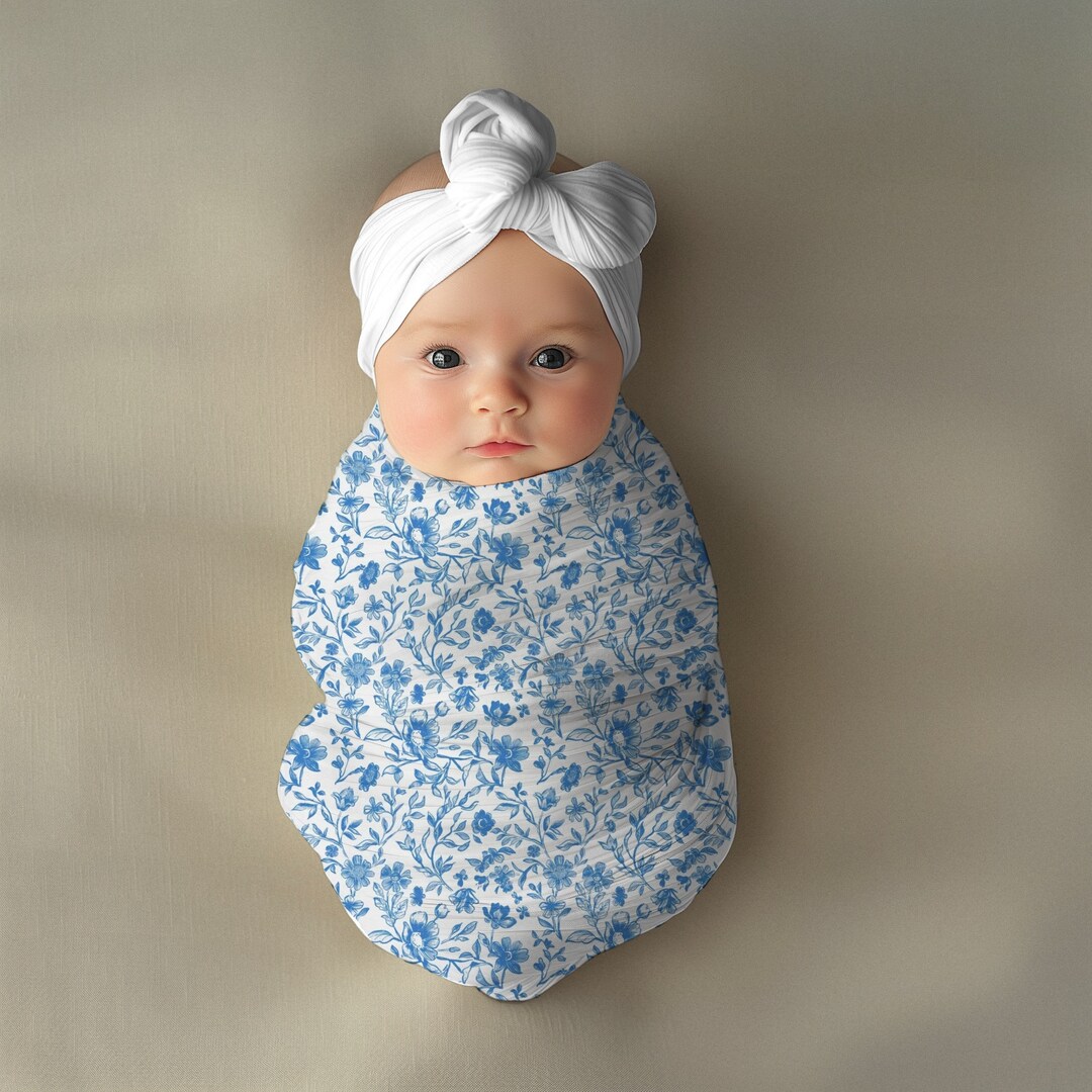 Blue Floral Swaddle Blanket, Chinoiserie Swaddle, Baby Shower Gift