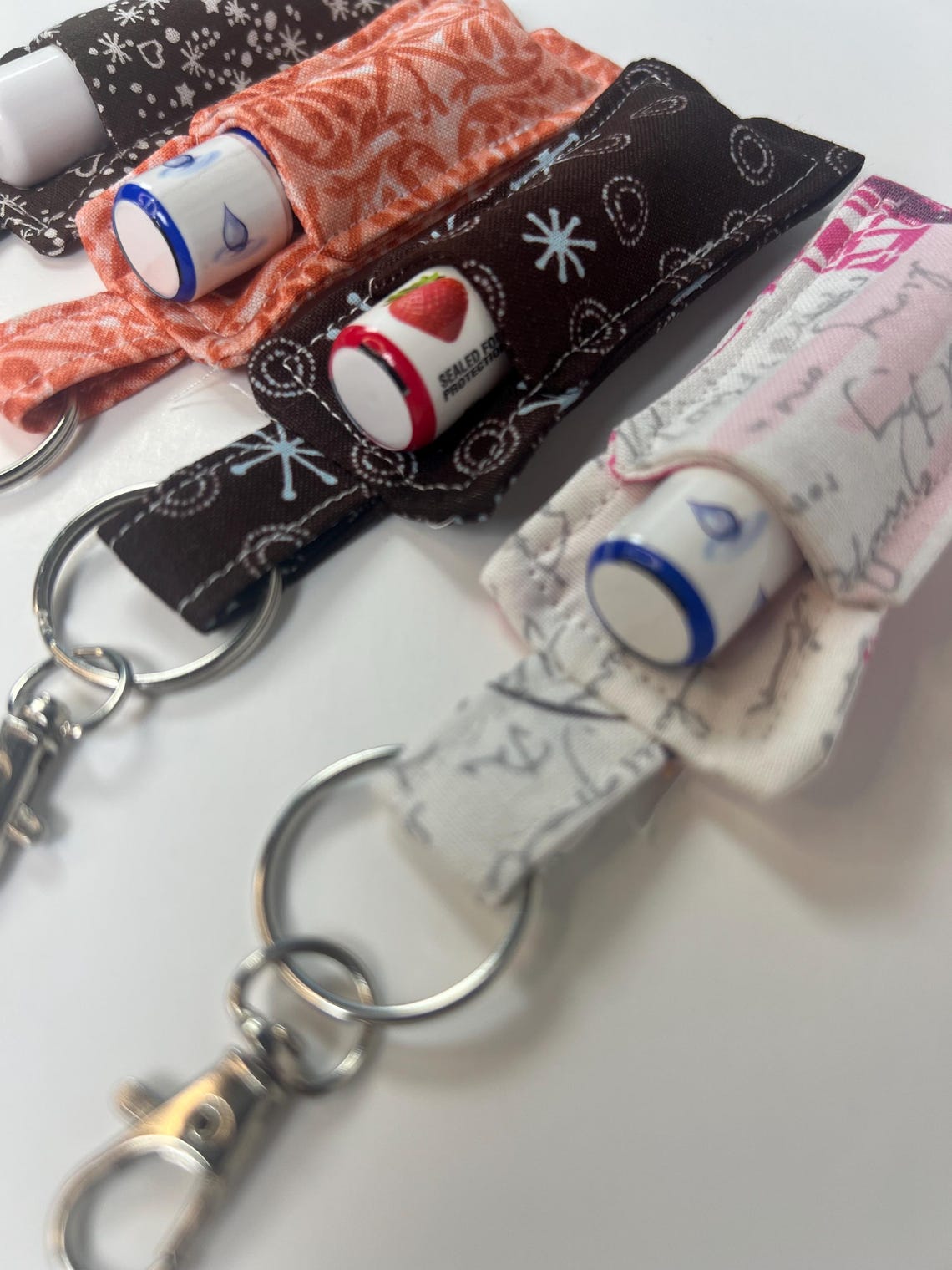 Chapstick Holder Handmade Keychain With Printed Fabric, Durable Keyring ...