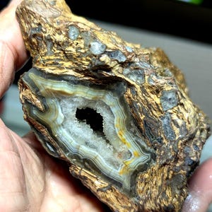 Könnte beinhalten: Ein raues, texturiertes Gesteinsstück mit einer zentralen Geodenhöhle, die mit kleinen, funkelnden weißen Kristallen ausgekleidet ist. Der umgebende Stein zeigt konzentrische Bänder in Beige, Braun und Grau mit einer verwitterten Oberfläche.
